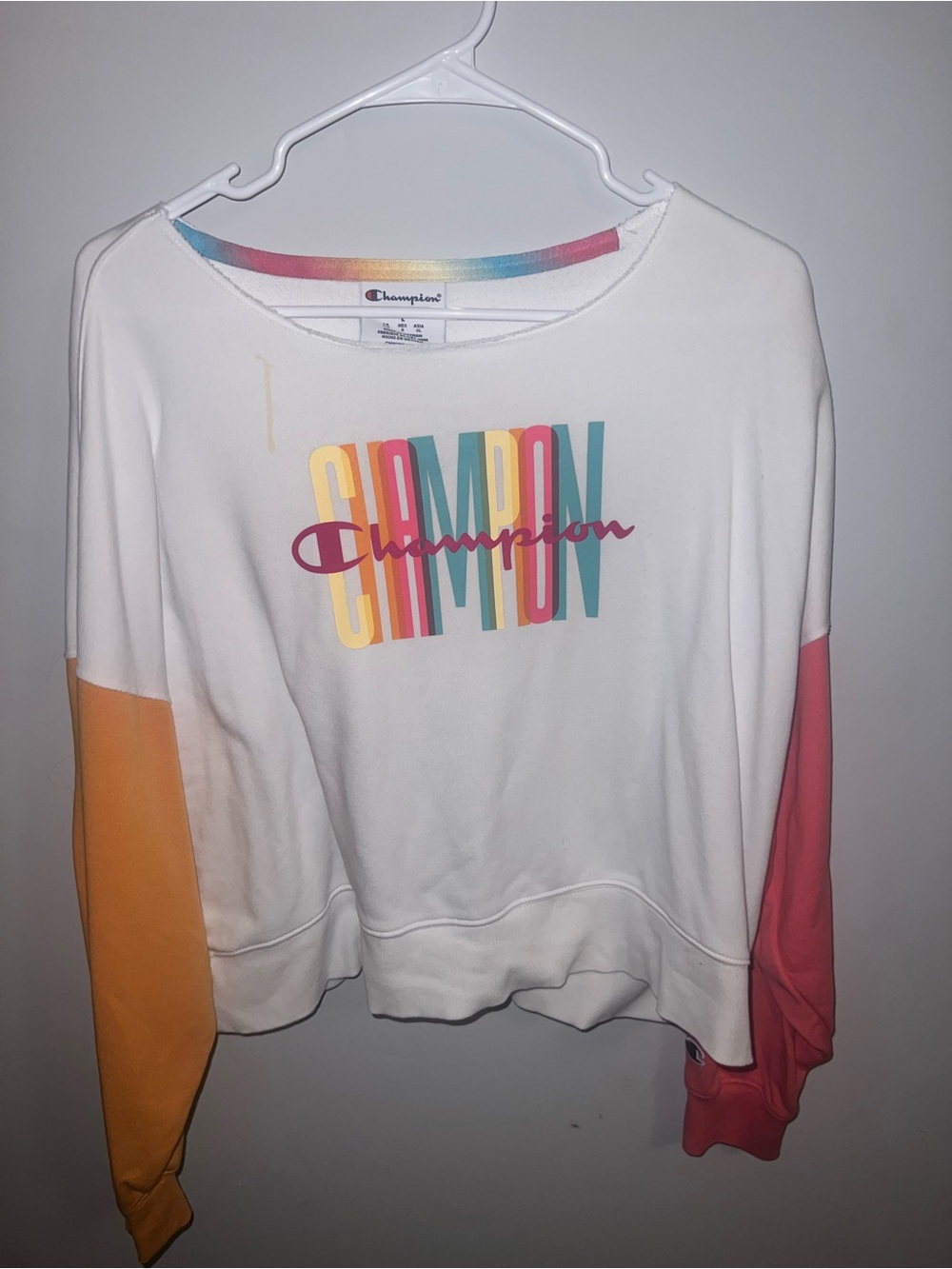 Champion White Colorblock Logo Pullover with Pink and Orange Sleeves